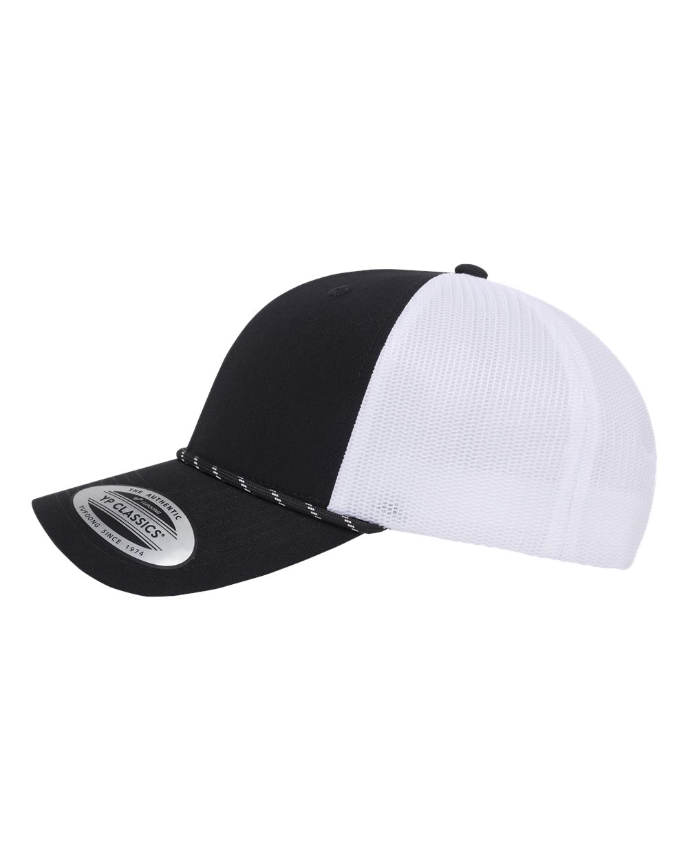 Left View of Black/ White Retro Trucker Rope Cap - 6606BD
