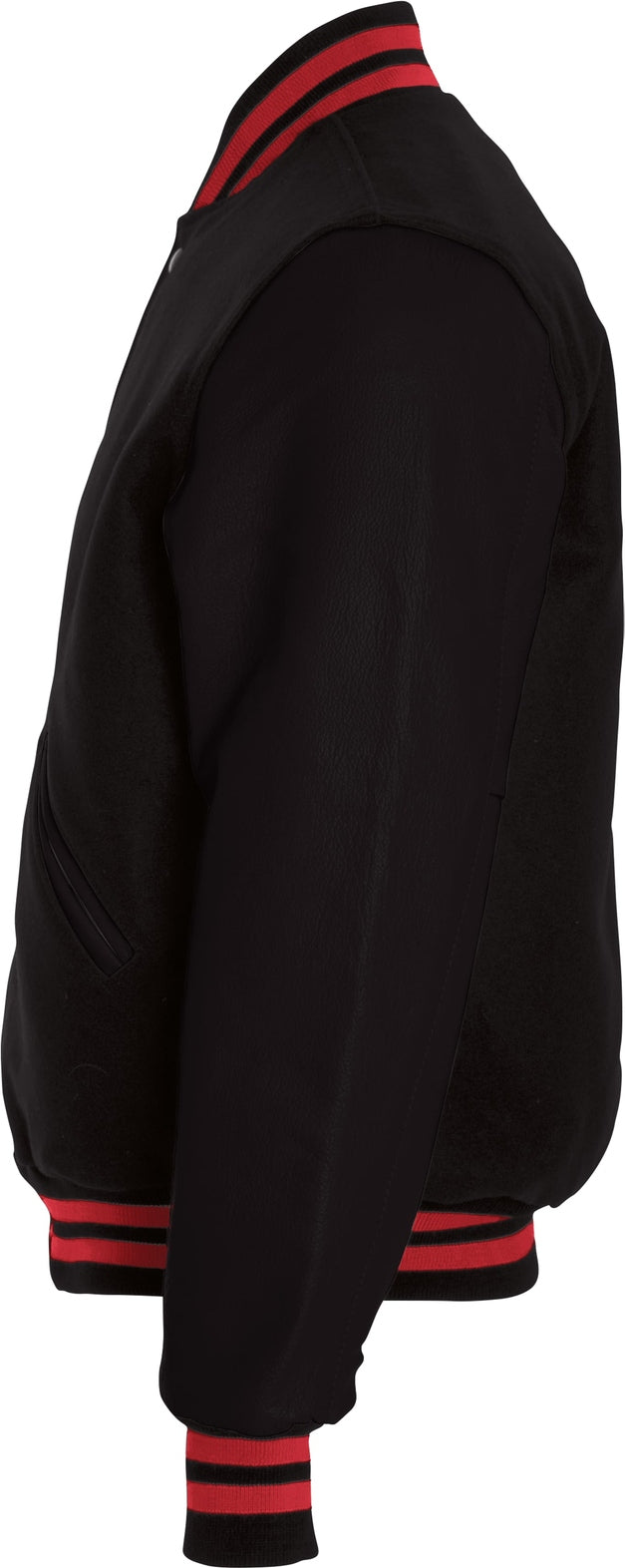 Left View of BLACK/BLACK/SCARLET VARSITY WOOL JACKET