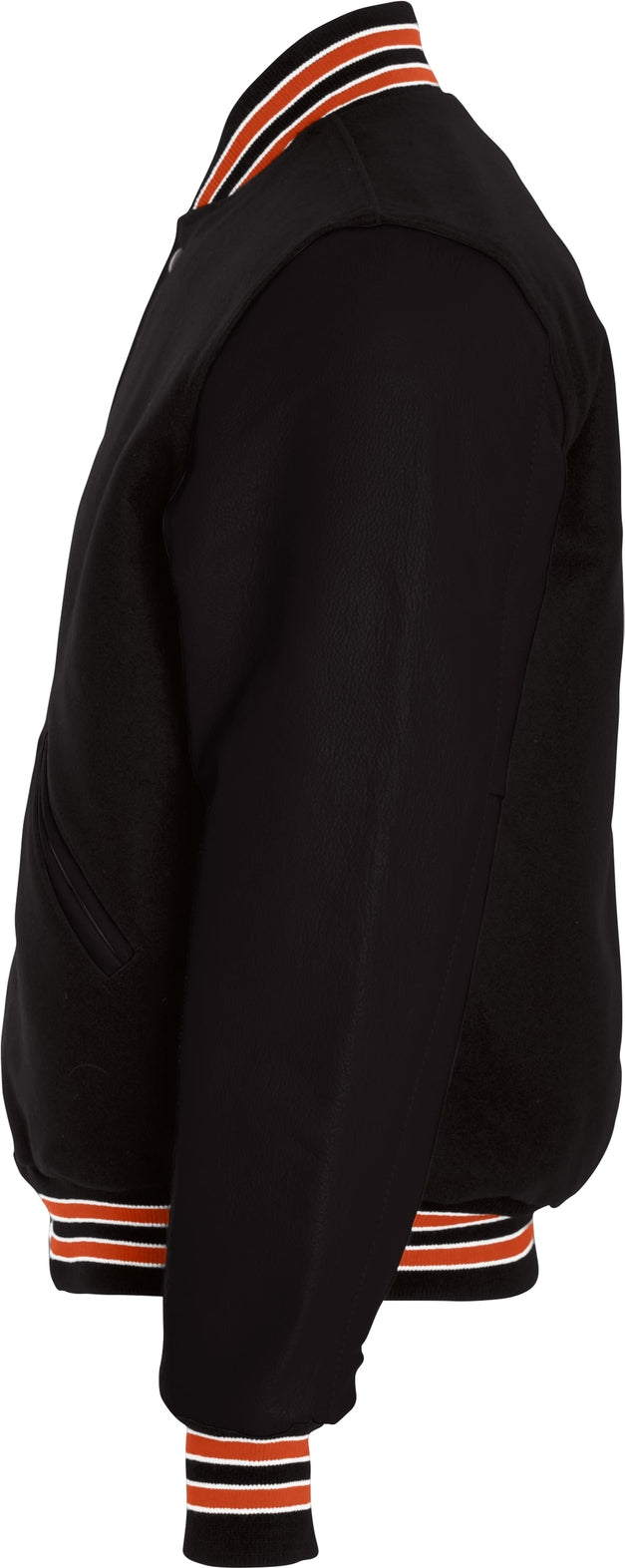 Left View of BLACK/BURNT ORANGE/WHITE VARSITY WOOL JACKET