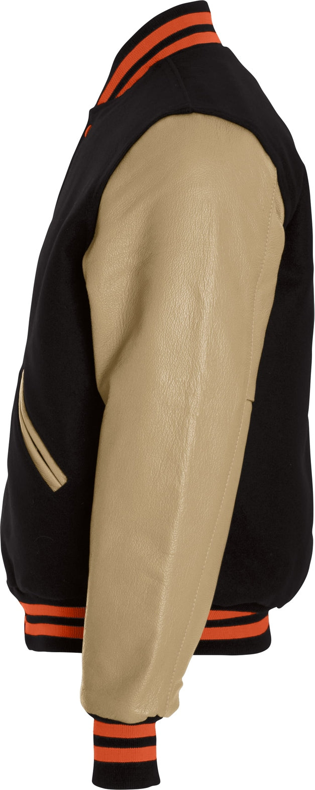 Left View of BLACK/CREAM/BURNT ORANGE VARSITY WOOL JACKET