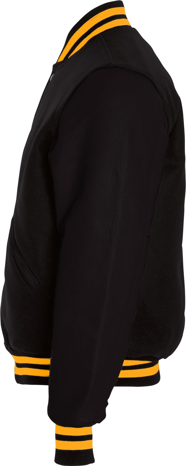 Left View of BLACK/LIGHT GOLD VARSITY WOOL JACKET