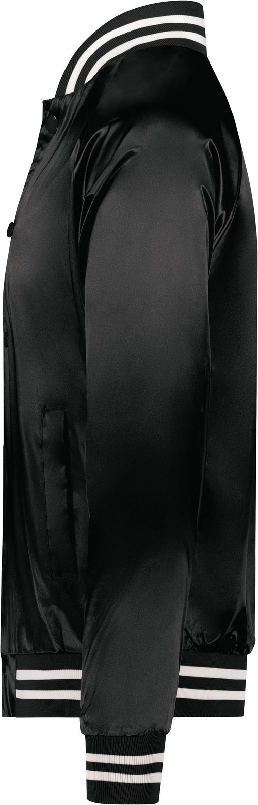 Left View of BLACK/WHITE SATIN BASEBALL JKT/STRIPED TRM