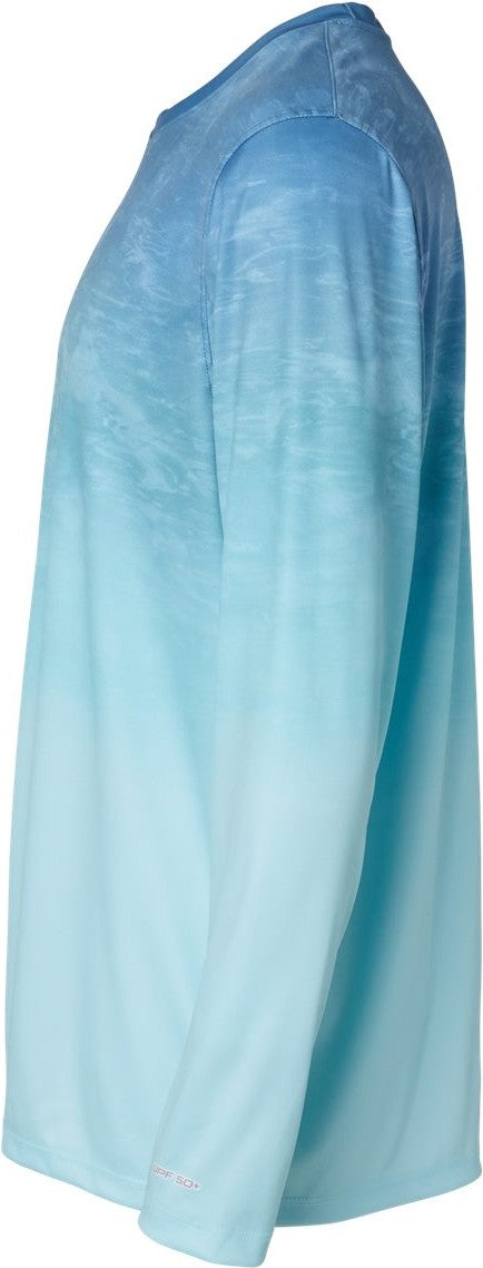 Left View of Blue Aqua Fade Montauk Oceanic Fade Performance Long Sleeve T-Shirt - 229