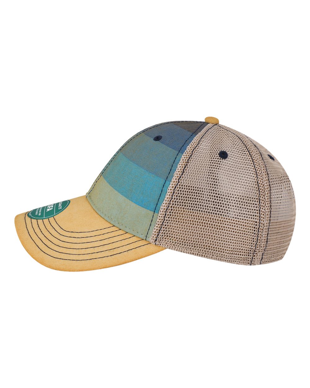 Left View of Blue Stripe/ Khaki Old Favorite Trucker Cap - OFA