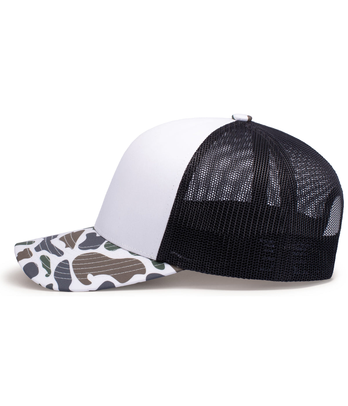 Left View of BONE/LIGHT CHARCOAL/TIMBERLINE WEEKENDER DUCK CAMO TRUCKER