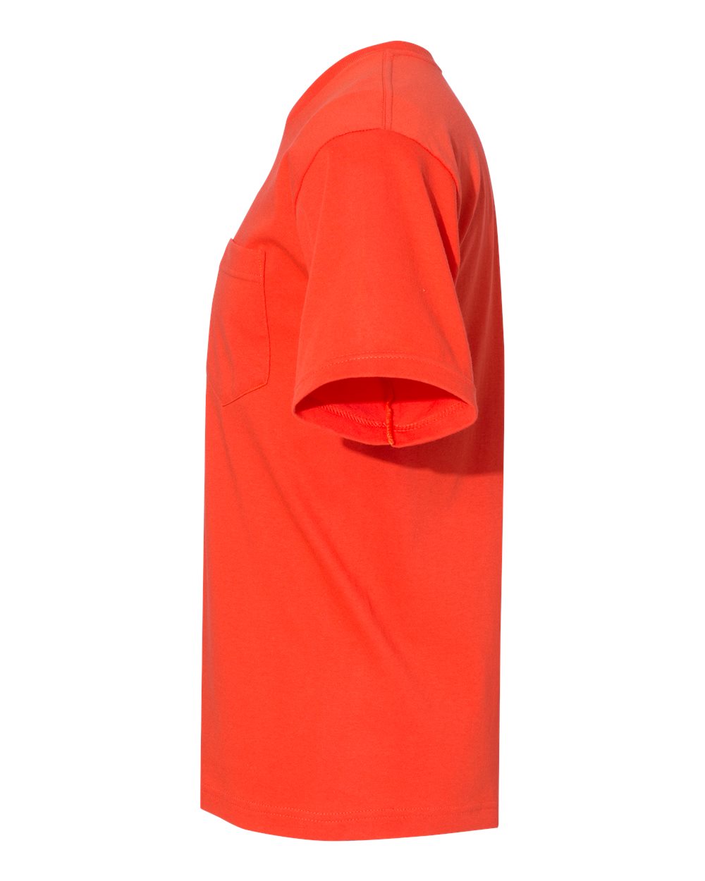 Left View of Bright Orange USA-Made Midweight Pocket T-Shirt - 5070