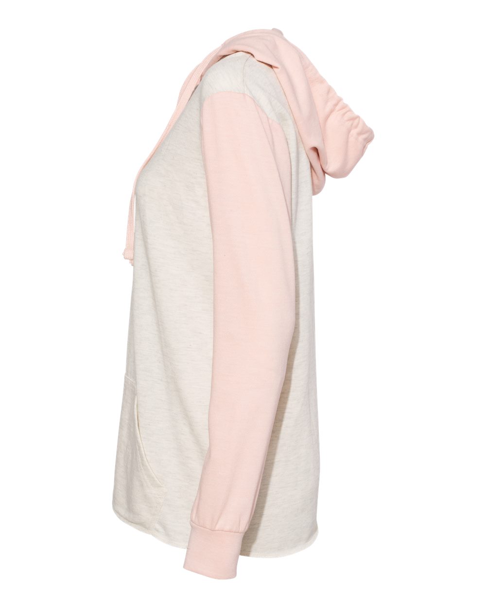Left View of Cameo Pink/ Oatmeal Women’s French Terry Hooded Pullover with Colorblocked Sleeves - W20145