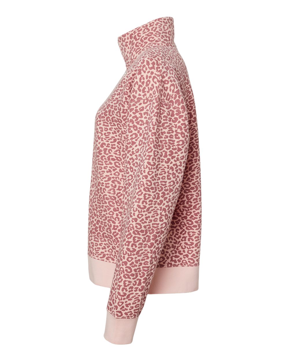 Left View of Cameo Pink/ Orchid Ice Leopard Women&#39;s Sueded Fleece Quarter-Zip Sweatshirt - W22713