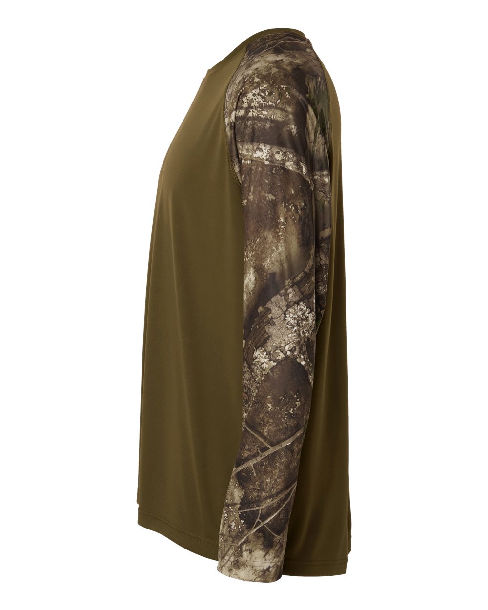 Left View of Camo/ Green Unisex Realtree® Performance Colorblocked Long Sleeve T-Shirt - RT3104
