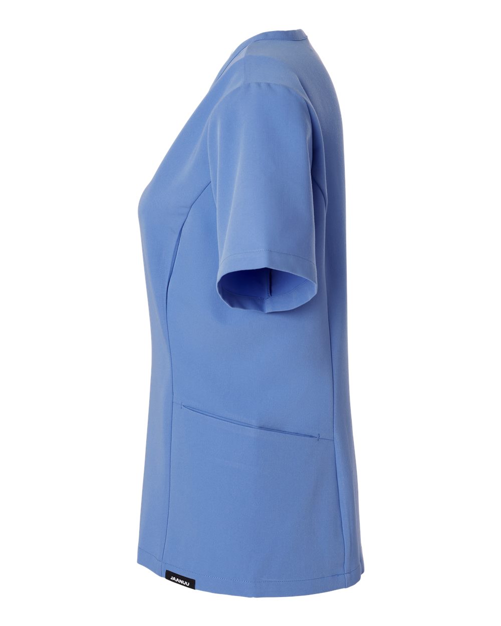 Left View of Ceil Blue Women&#39;s Calix Fit &amp; Flare Scrub V-Neck Top - W10003