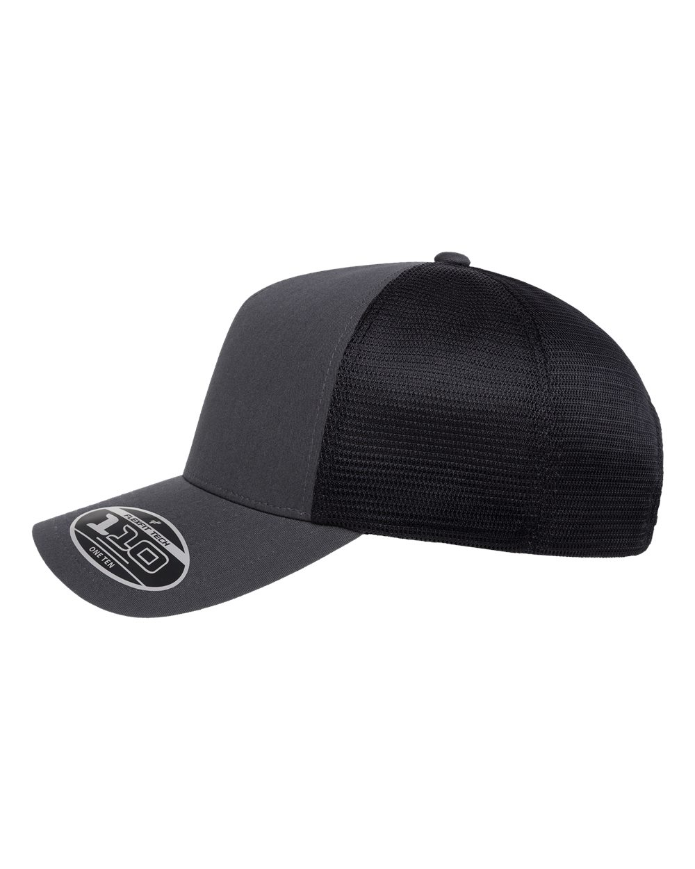 Left View of Charcoal/ Black 110® Five-Panel Mesh Cap - 110M5 plain