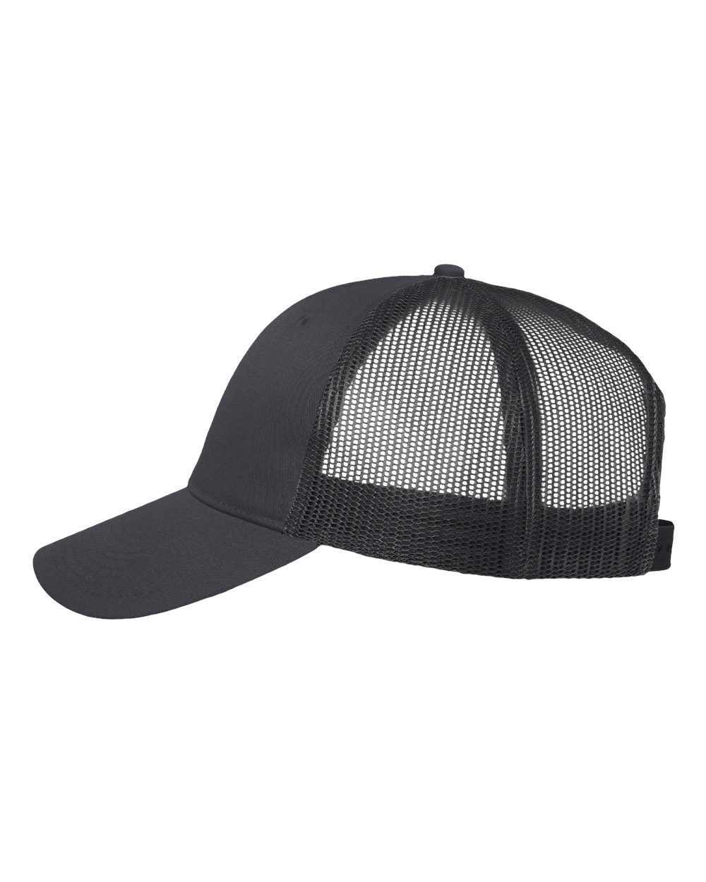 Left View of Charcoal/ Black Mesh-Back Twill Trucker Cap - VC400