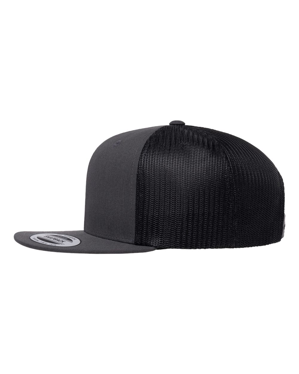 Left View of Charcoal/ Black Retro High Profile Trucker Cap - 6609