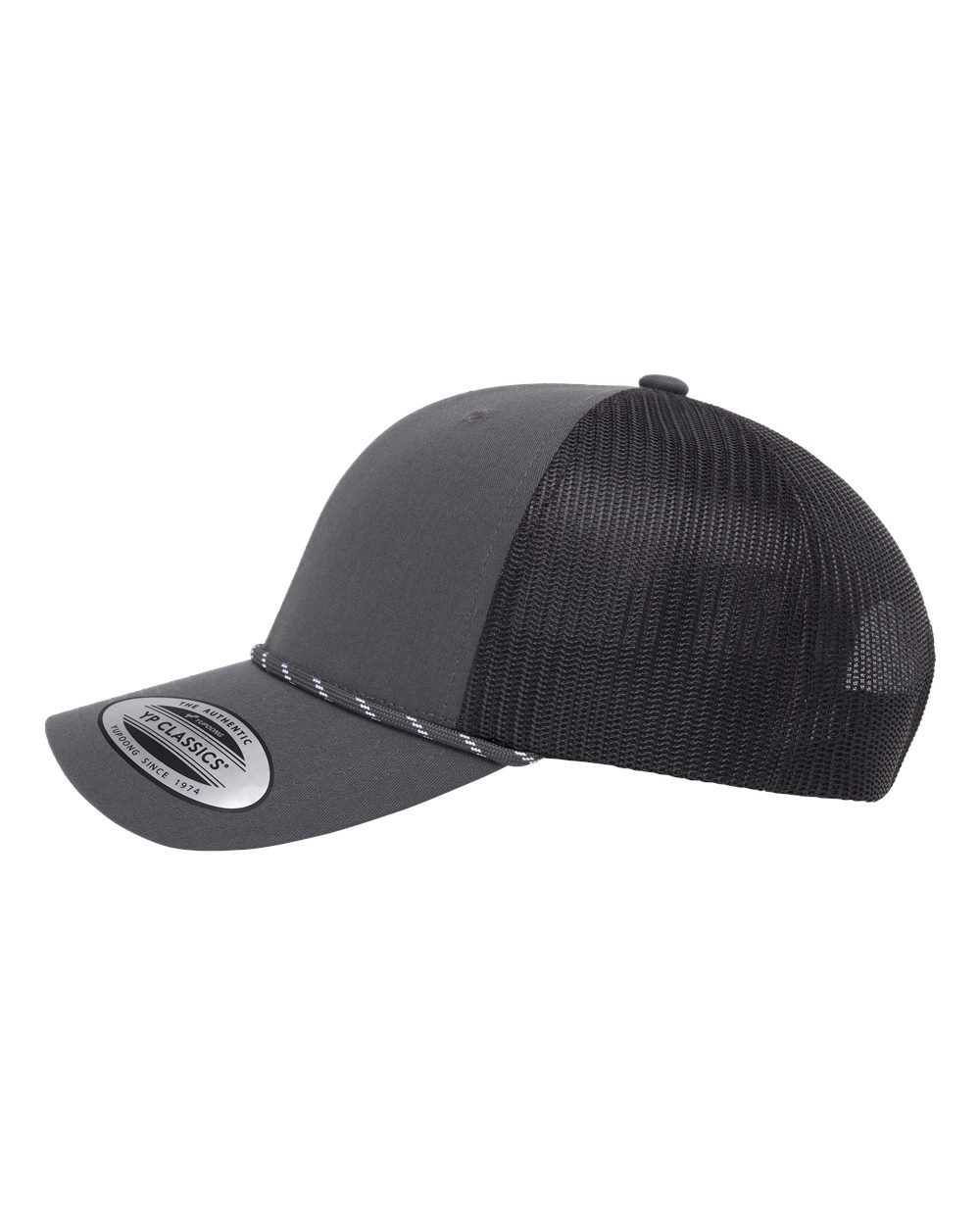 Left View of Charcoal/ Black Retro Trucker Rope Cap - 6606BD plain
