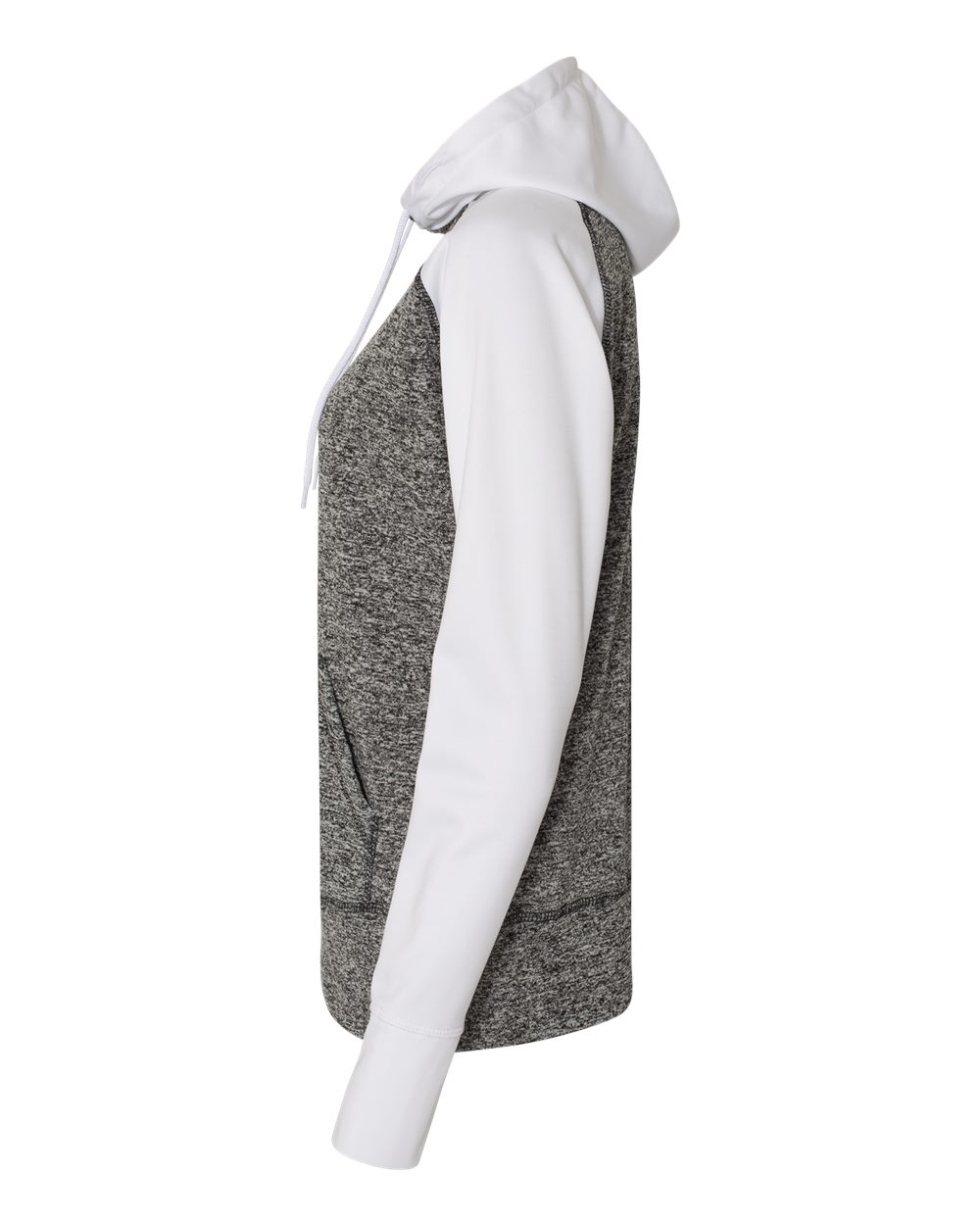 Left View of Charcoal Fleck/ White Women’s Colorblocked Cosmic Fleece Hooded Sweatshirt - 8618