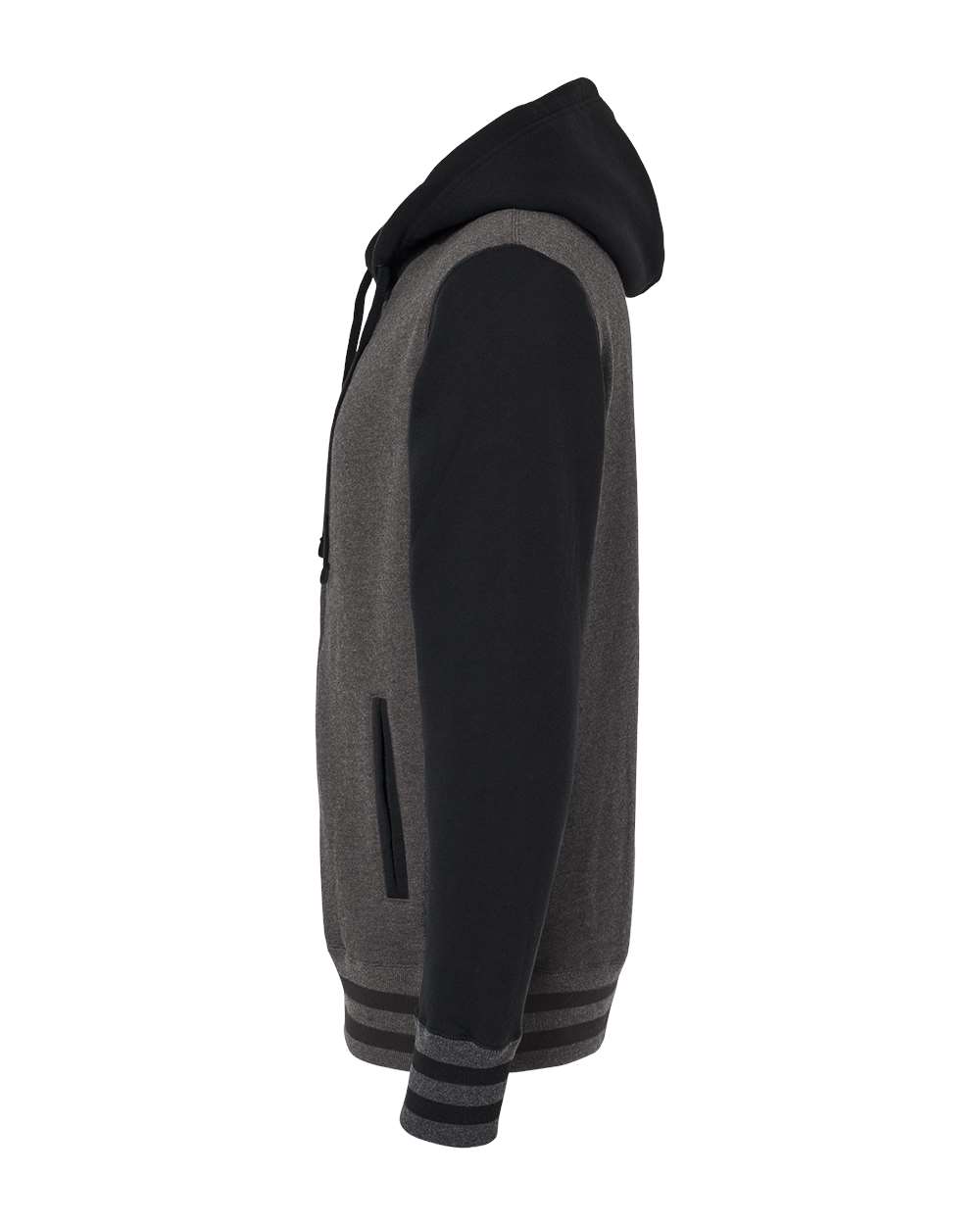 Left View of Charcoal Heather/ Black Heavyweight Varsity Full-Zip Hooded Sweatshirt - IND45UVZ