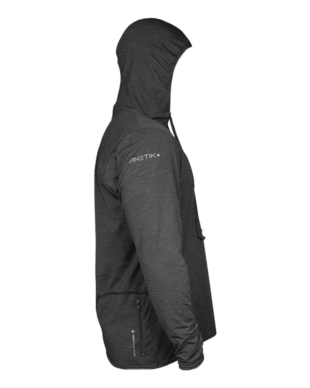 Left View of Charcoal Heathered Low Pro Tech Hooded Long Sleeve T-Shirt - MVLPRH8