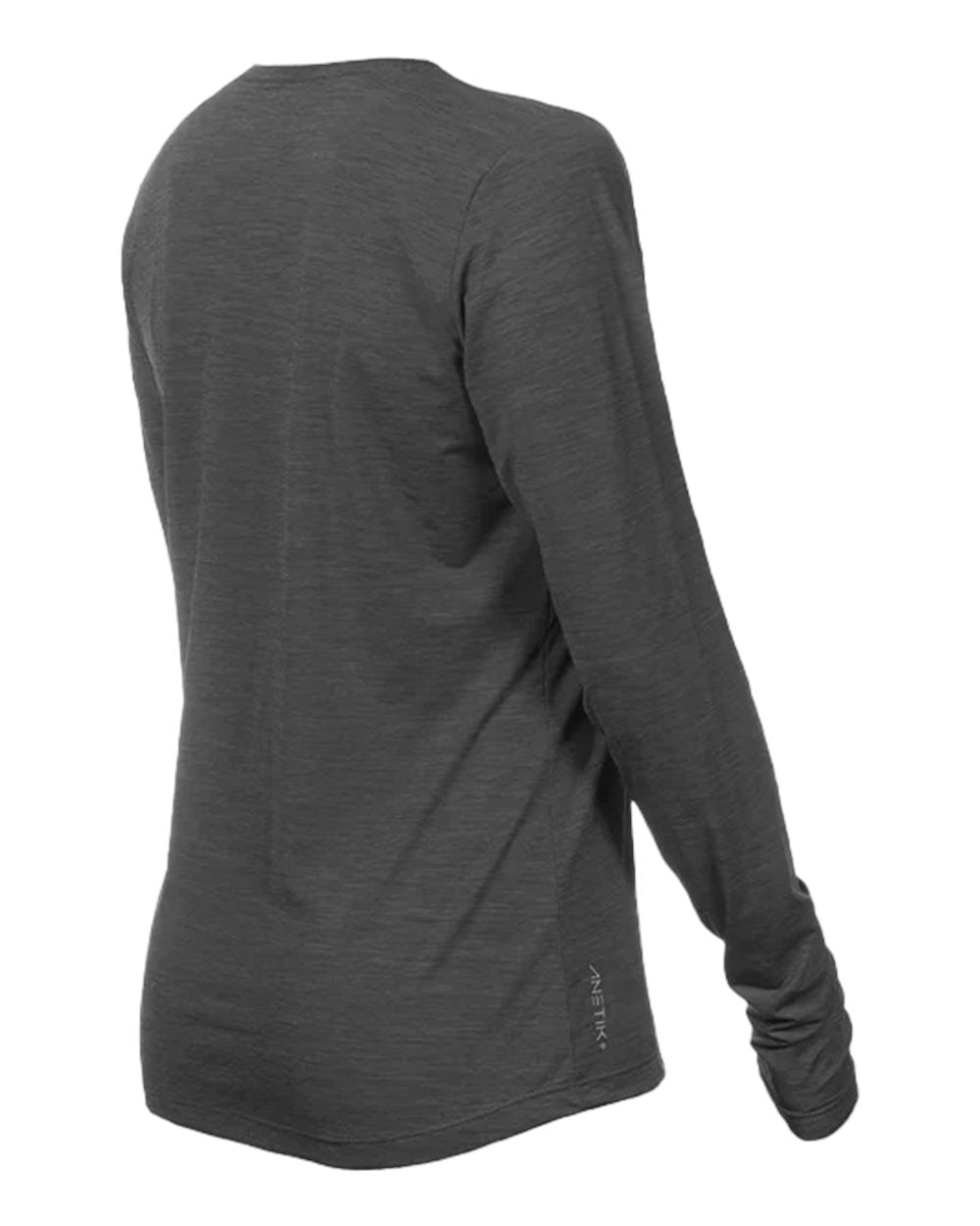 Left View of Charcoal Heathered Women&#39;s Breeze Tech Long Sleeve T-Shirt - WSBRZL0