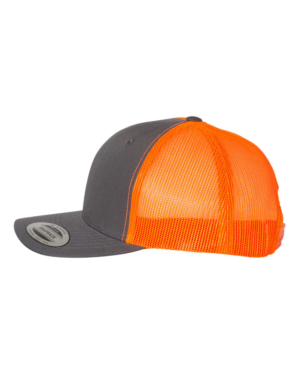 Left View of Charcoal/ Neon Orange Retro Trucker Cap - 6606