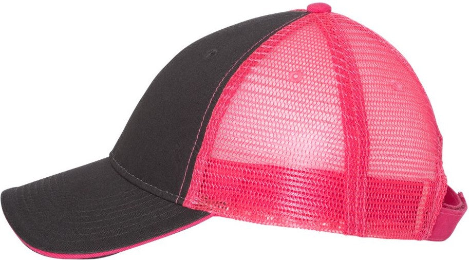 Left View of Charcoal/ Neon Pink Sandwich Trucker Cap - S102