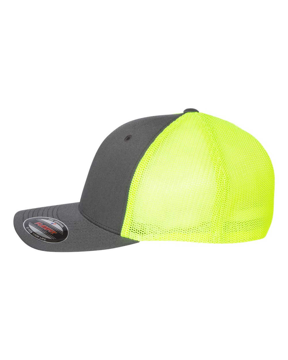 Left View of Charcoal/ Neon Yellow Trucker Cap - 6511