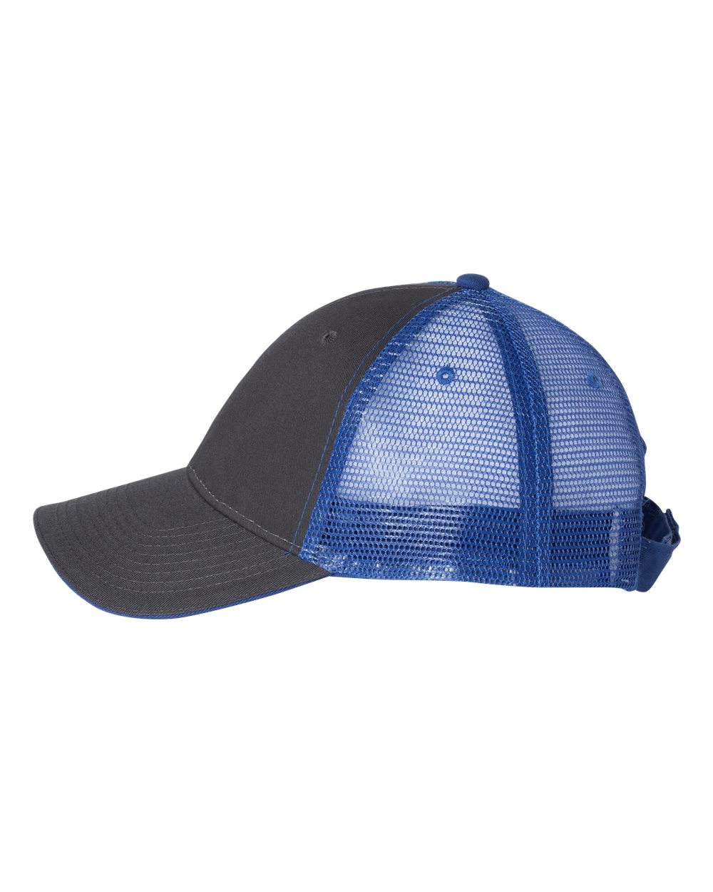 Left View of Charcoal/ Royal Sandwich Trucker Cap - S102