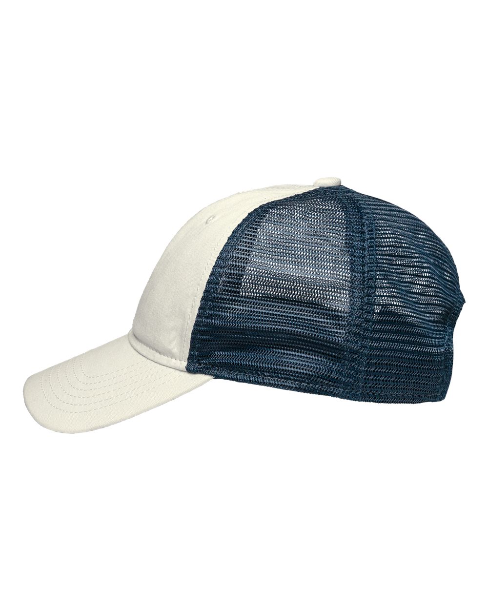 Front View of Chino Stone/ Navy Traditional Lo-Pro Mesh Back Trucker Fit Cap - SP1450