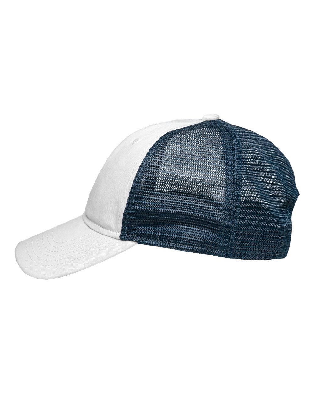 Front View of Chino White/ Navy Traditional Lo-Pro Mesh Back Trucker Fit Cap - SP1450