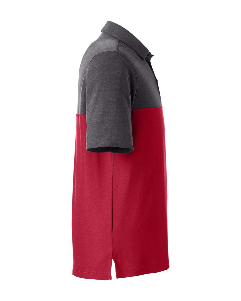 Left View of Classic Red/ Carbon Heather Men's Fusion ChromaSoft™ Colorblock Polo - CE112C