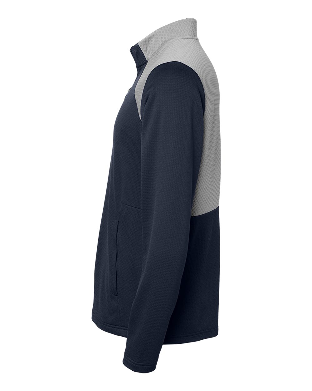 Left View of Collegiate Navy/ Grey Three Textured Mixed Media Quarter-Zip Pullover - A532