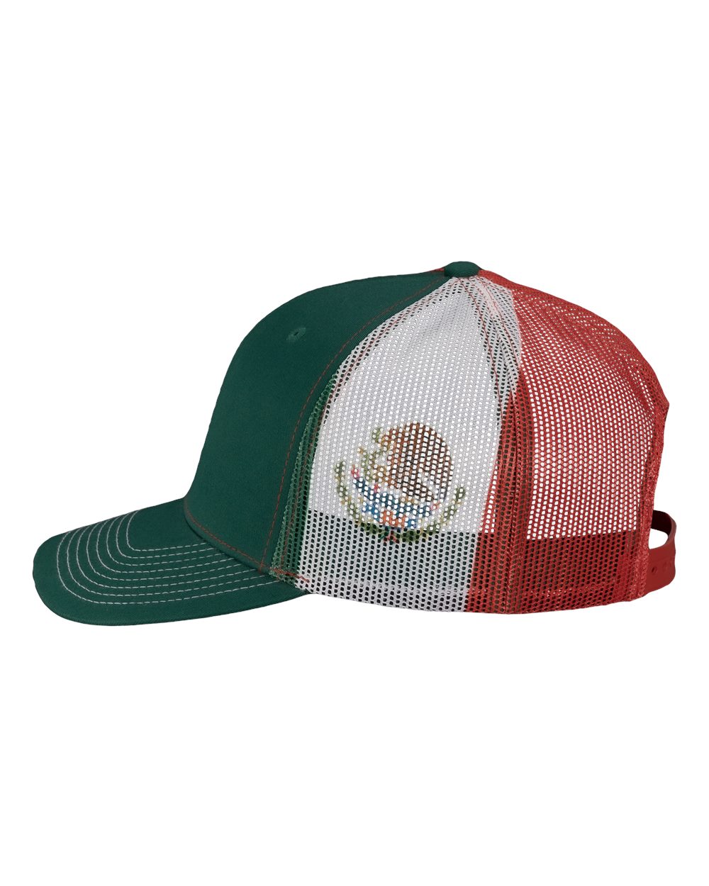 Left View of Dark Green/ Red/ Mexico Flag Printed Mesh Trucker Cap - S700M