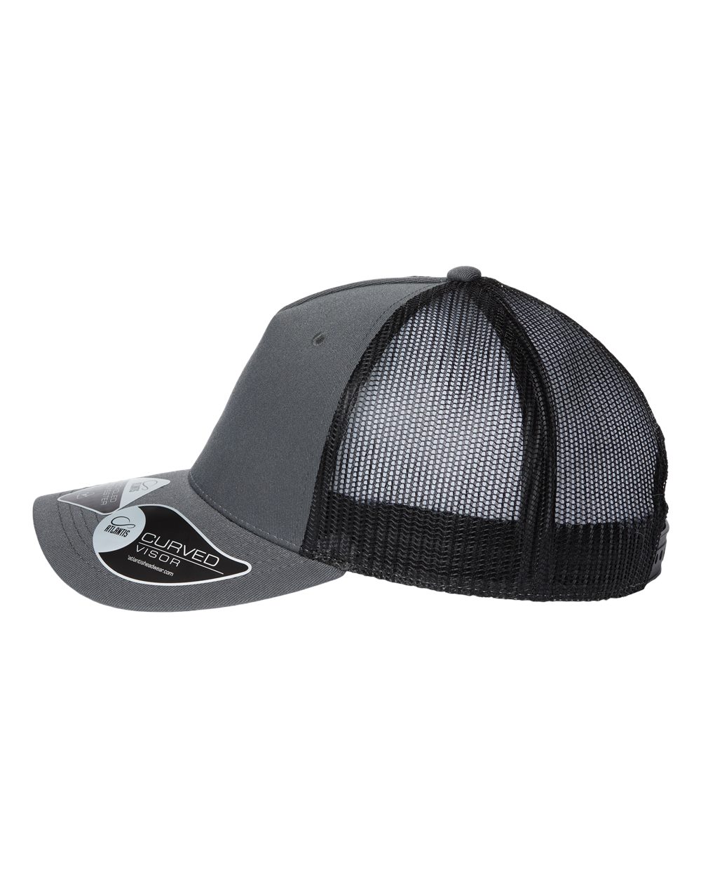 Left View of Dark Grey/ Black Sustainable Five-Panel Trucker Cap - ZION