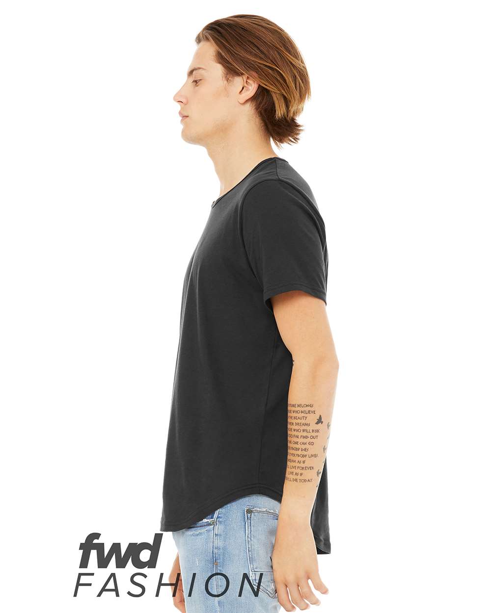 Left View of Dark Grey Jersey Curved Hem Tee - 3003