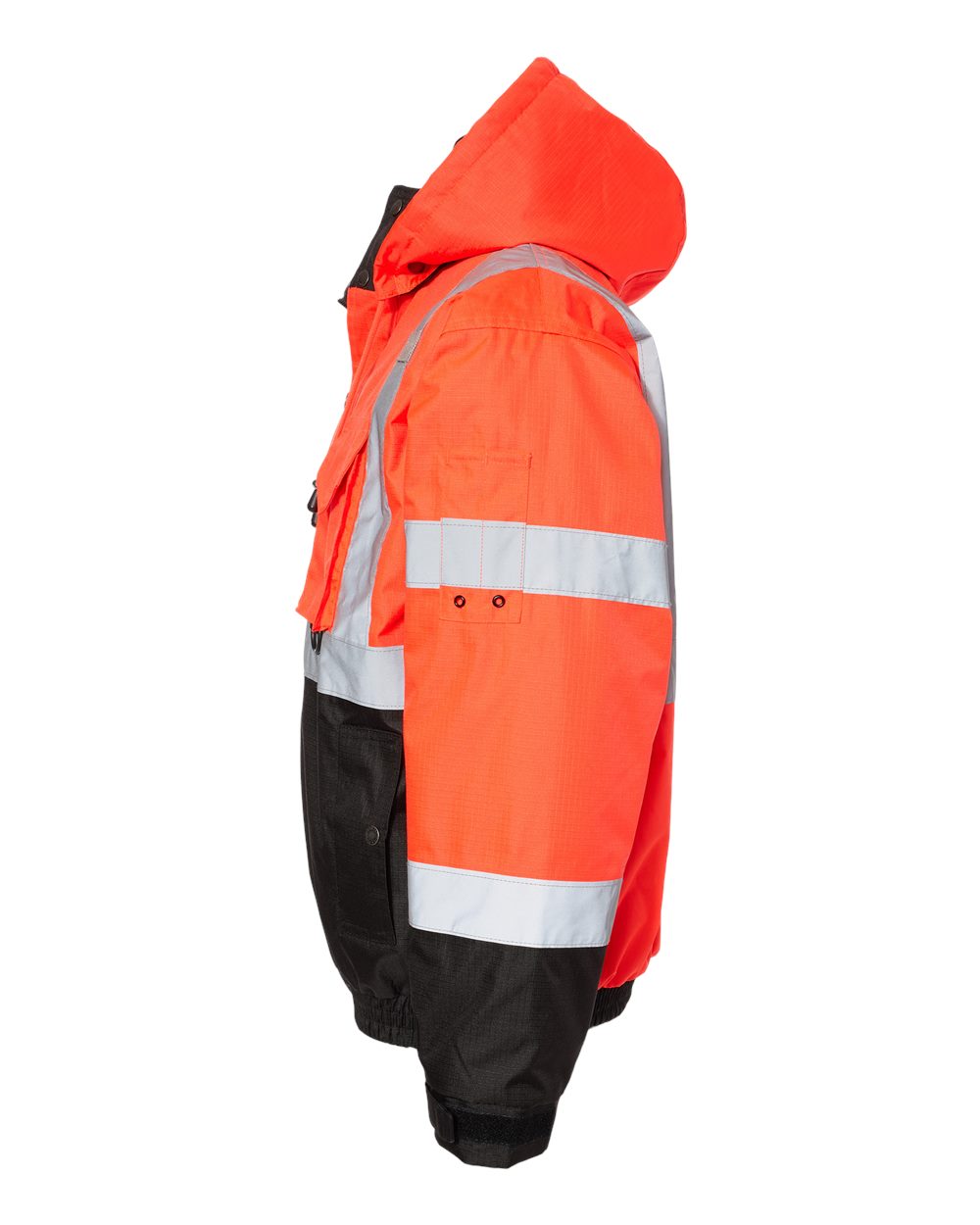 Left View of Fluorescent Red Ripstop Bomber Jacket - JS130-132
