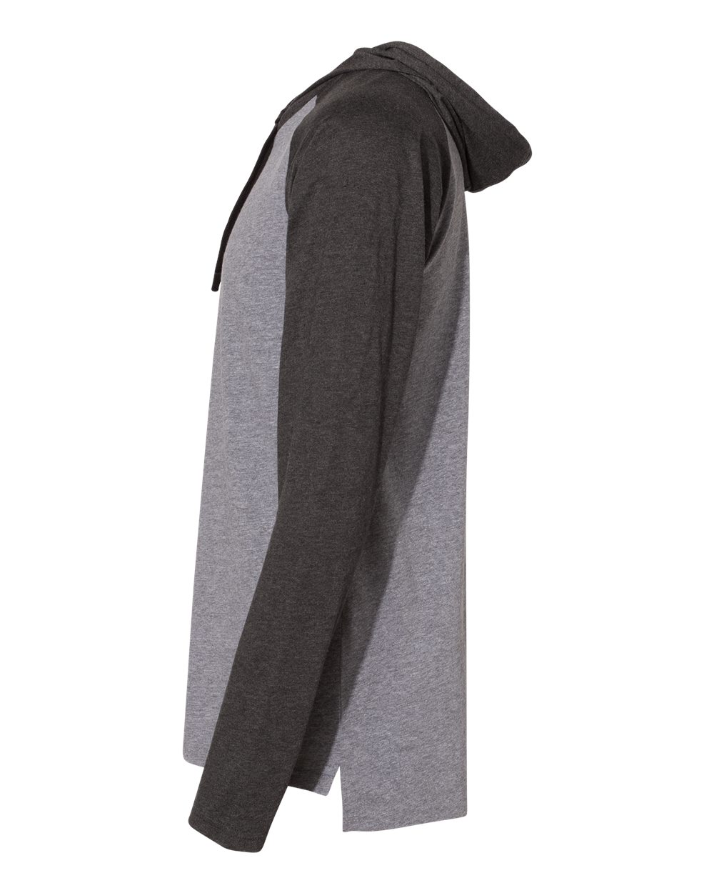 Left View of Granite Heather/ Vintage Smoke/ Black Fine Jersey Hooded Long Sleeve Raglan T-Shirt - 6917