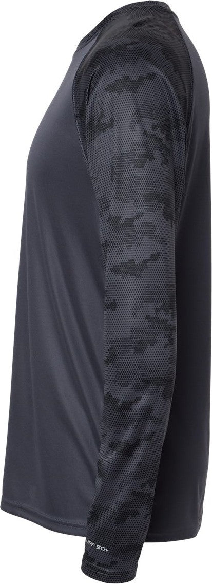 Left View of Graphite Cayman Performance Camo Colorblocked Long Sleeve T-Shirt - 216