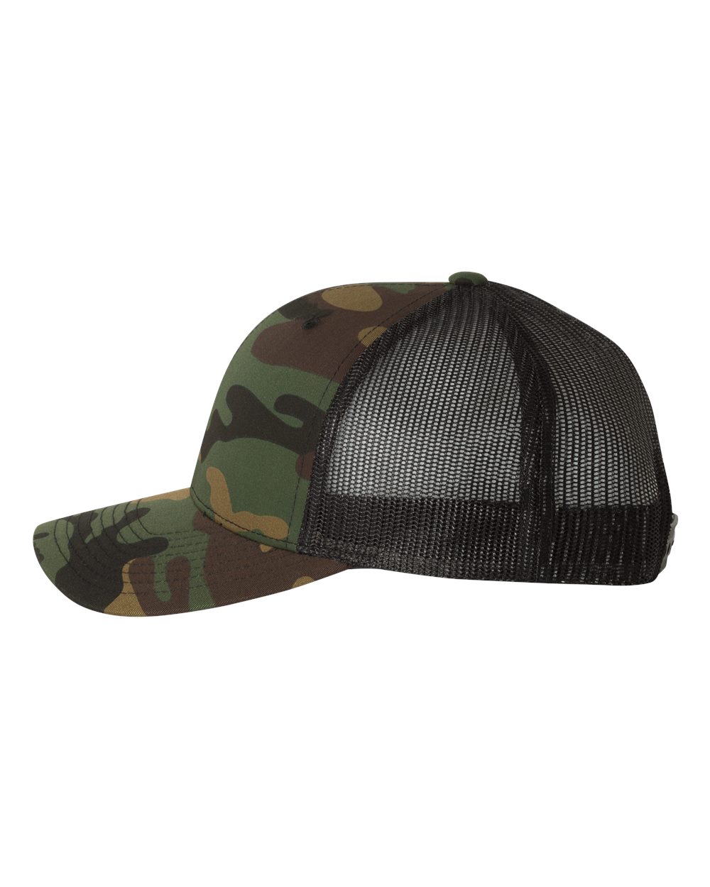 Left View of Green Camo/ Black Retro Trucker Cap - 6606