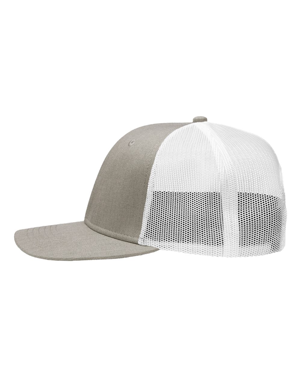 Left View of Grey Heather/ White Modern Six-Panel Trucker Fit Cap - SP1650