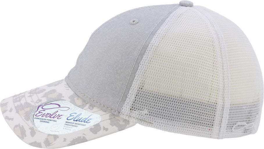 Left View of Grey/ Snow Leopard/ White Women&#39;s Printed Bill with Mesh Back Cap - JANET