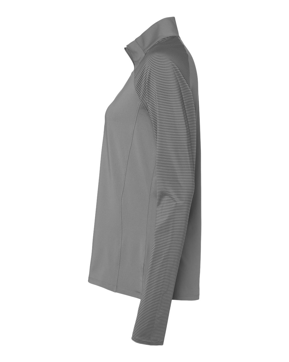 Left View of Grey Three Women&#39;s Stripe Block Quarter-Zip Pullover - A521