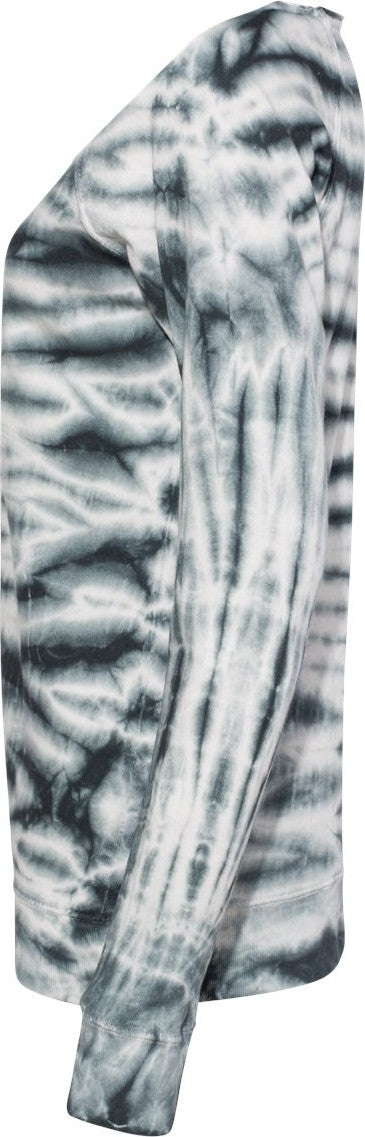 Left View of Greyscale Women&#39;s French Terry Off-the-Shoulder Tie-Dyed Sweatshirt - W20173