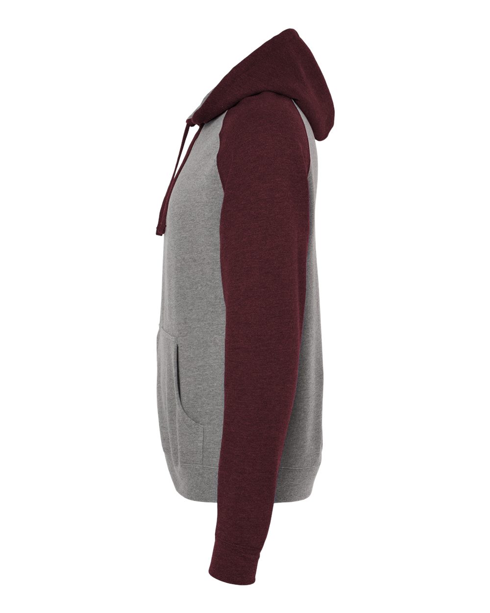 Left View of Gunmetal Heather/ Burgundy Heather Raglan Hooded Sweatshirt - IND40RP
