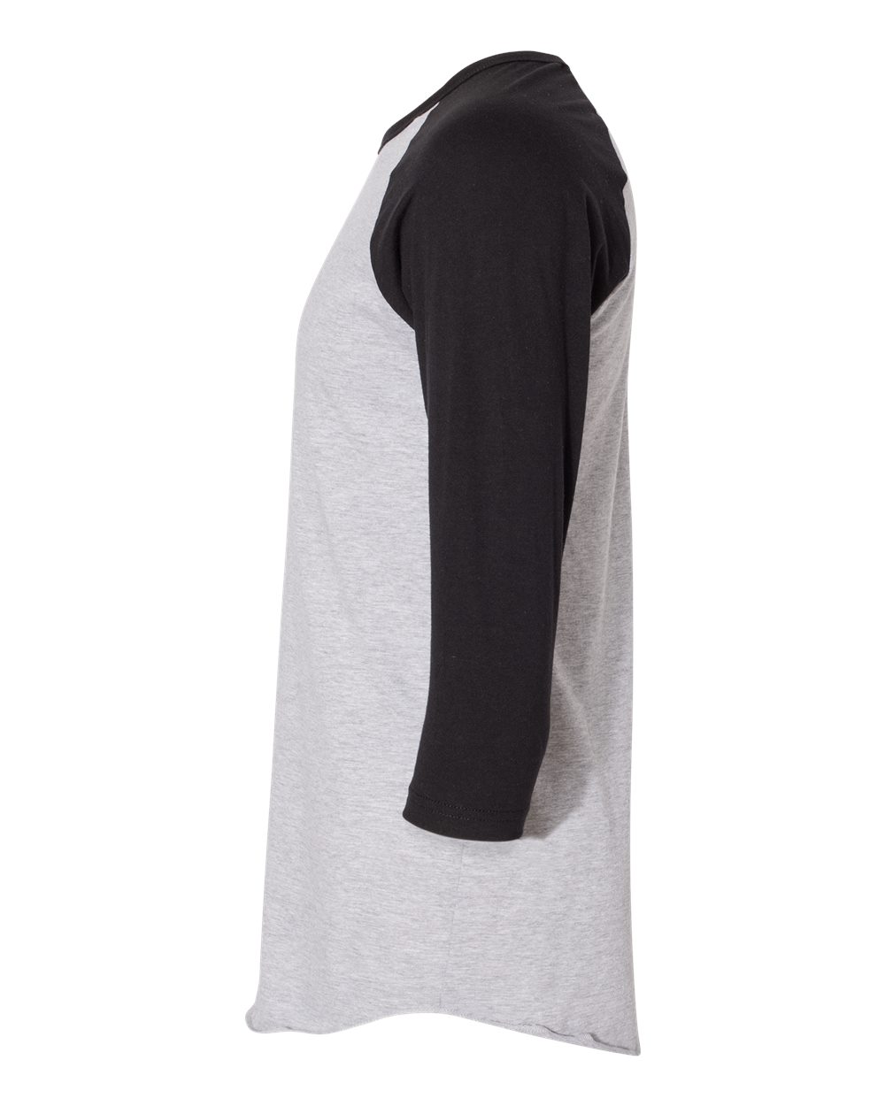 Left View of Heather Grey/ Black 50/50 Raglan Three-Quarter Sleeve Tee - BB453W