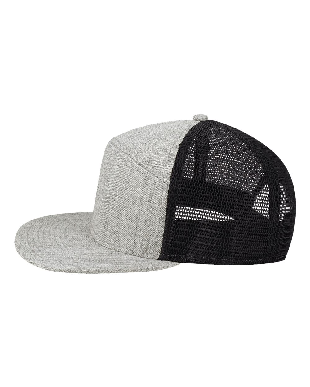 Left View of Heather Grey/ Black Hopback Seven-Panel Trucker Cap - H7FB
