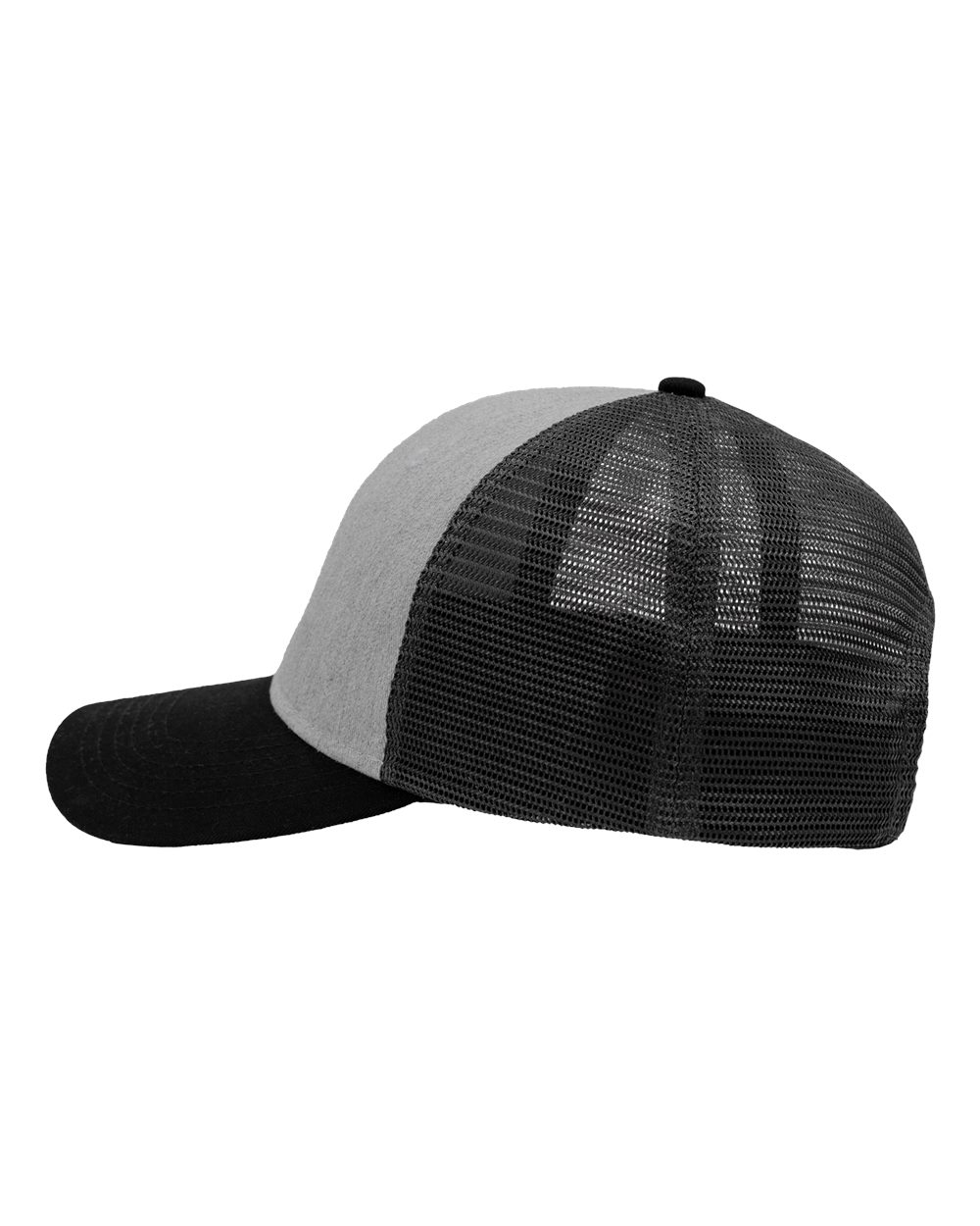 Left View of Heather Grey/ Charcoal/ Black Traditional Lo-Pro Mesh Back Trucker Fit Cap - SP1450