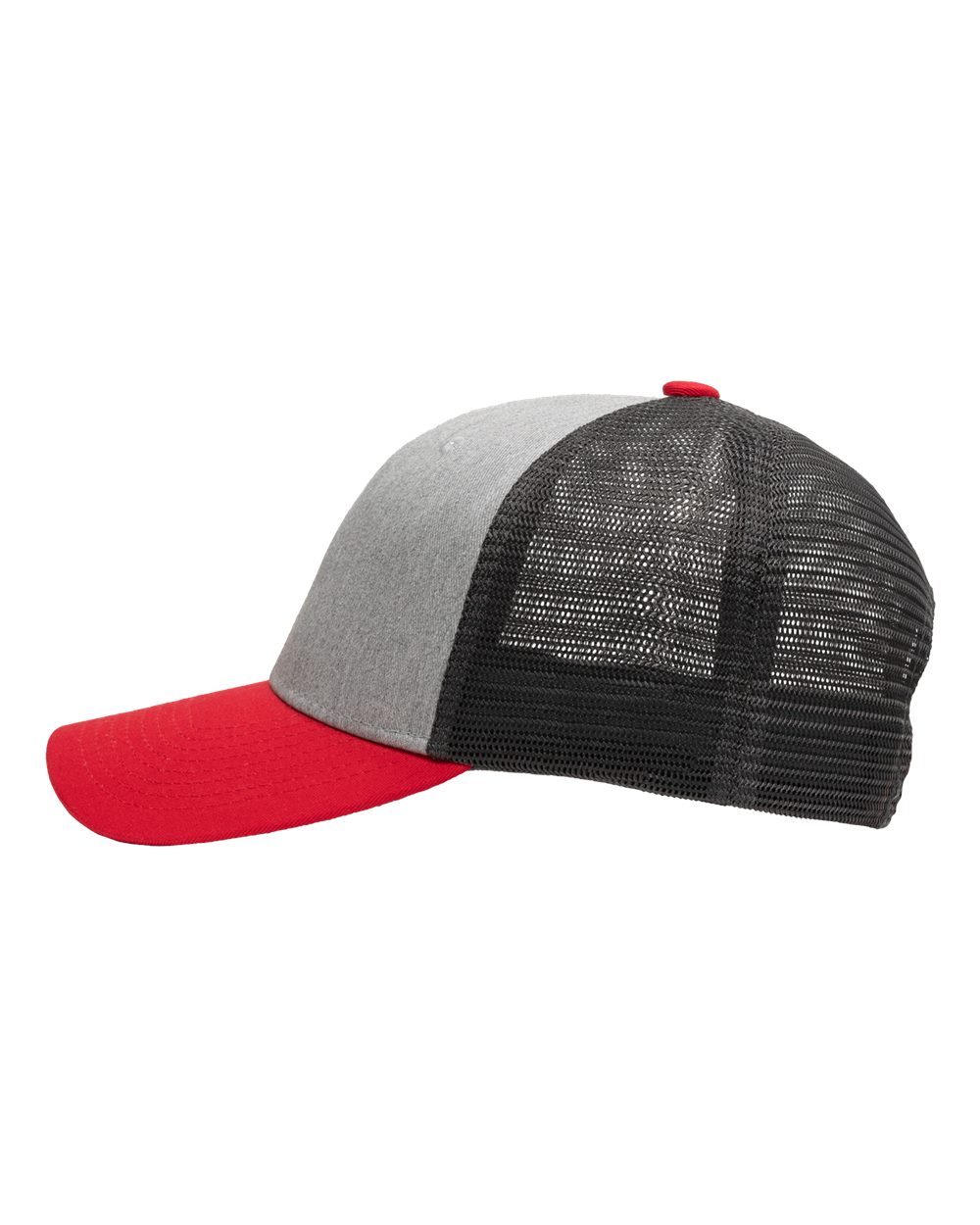 Left View of Heather Grey/ Charcoal/ Red Traditional Lo-Pro Mesh Back Trucker Fit Cap - SP1450