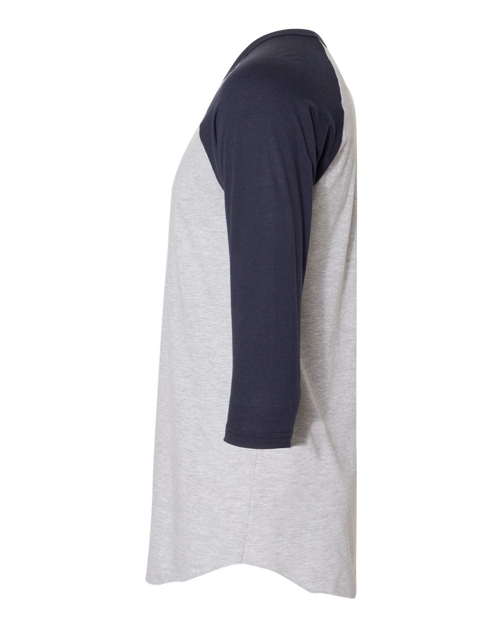 Left View of Heather Grey/ Navy 50/50 Raglan Three-Quarter Sleeve Tee - BB453W