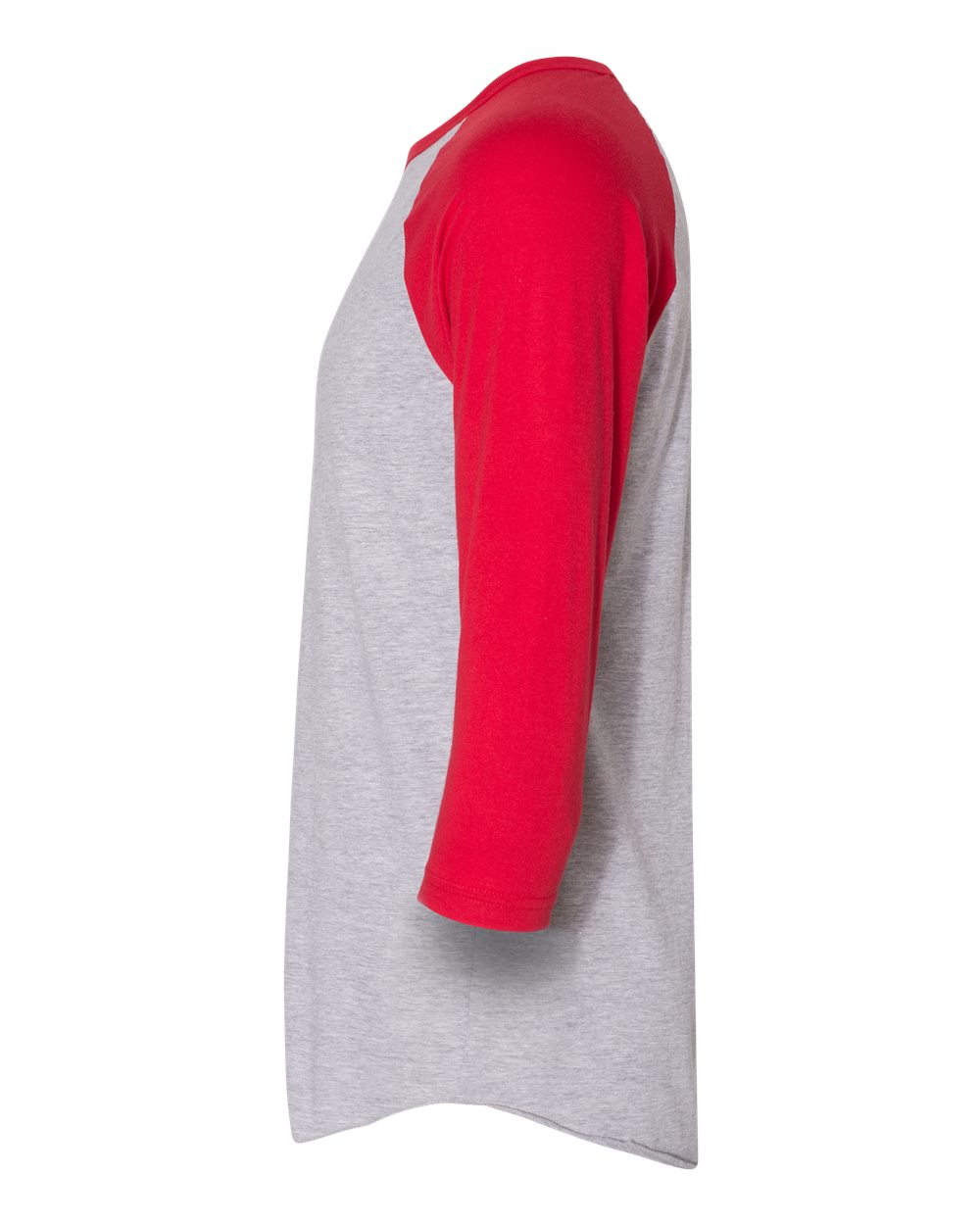 Left View of Heather Grey/ Red 50/50 Raglan Three-Quarter Sleeve Tee - BB453W