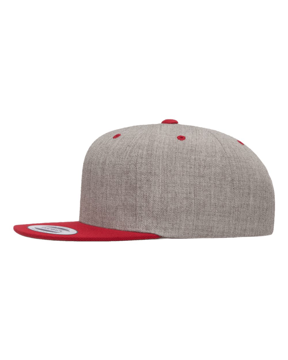 Left View of Heather Grey/ Red Premium Flat Bill Snapback Cap - 6089M