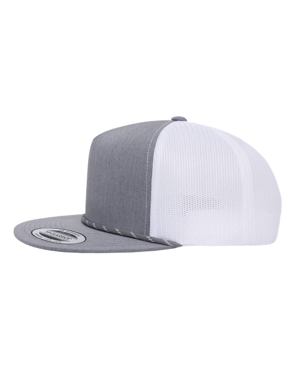 Left View of Heather Grey/ White Classic Five-Panel Trucker Rope Cap - 6006BD plain